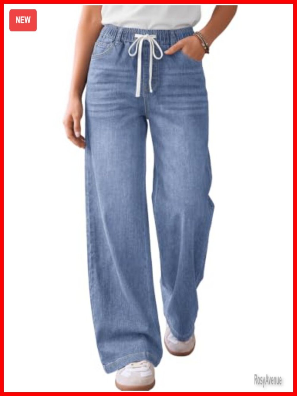 Wide Leg Drawstring Jeans Stretchy Baggy Denim Pants Casual